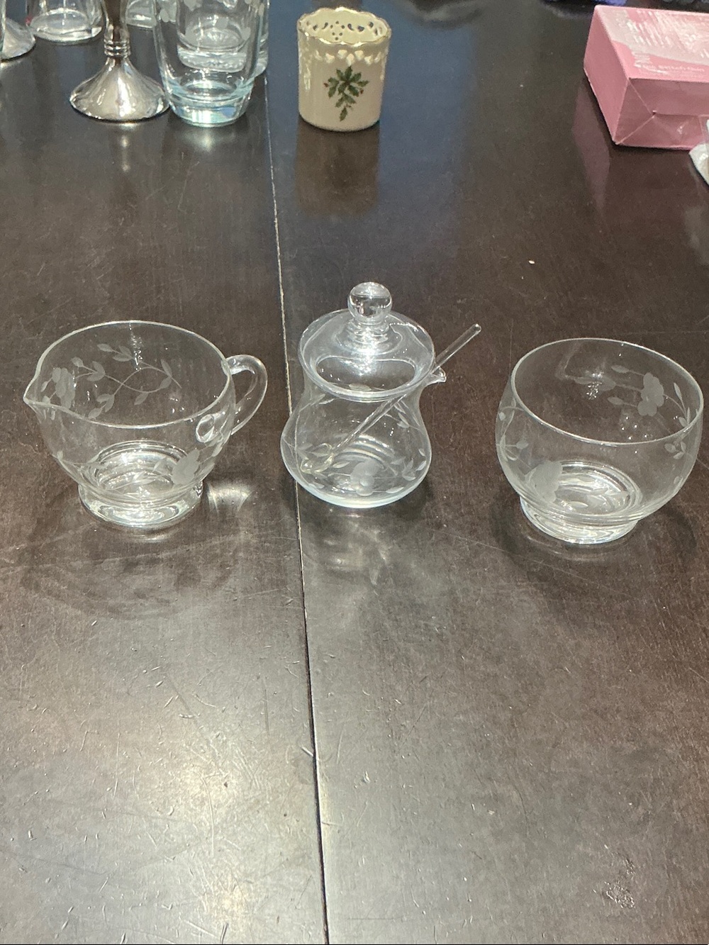 Princess House Clear Etched Glass Sugar, Creamer & Spoon Set